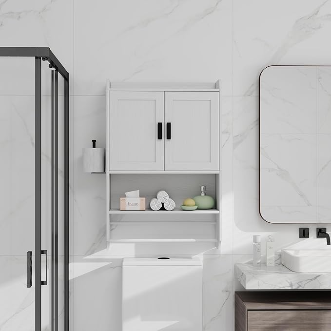 Bathroom Wall Cabinet with Doors, Over The Toilet Storage Cabinet with Adjustable Shelf, Towel Bar and Paper Holder, Medicine Cabinet for Bathroom Kitchen Laundry Room Entryway