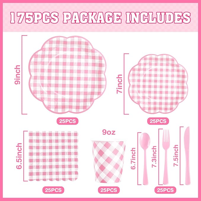 175 Pcs Pink Gingham Plates and Napkins Party Supplies - Pink and White Checkered Plates Sets Serve 25 Guests - Scalloped Gingham Paper Plate for Birthday Wedding Picnic Mother's Day Party Decorations