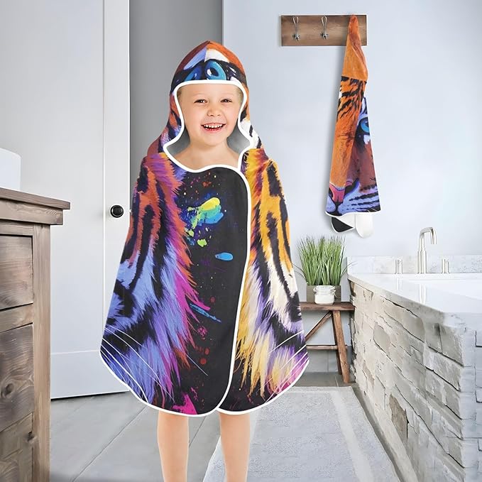 SUABO Kids' Bath Towels Colorful Tiger Hooded Towels for Boys Girls,Toddler Towels Multi-Purpose for Beach,Pool and Bathroom,23.5" x 50", Soft and Highly Absorbent