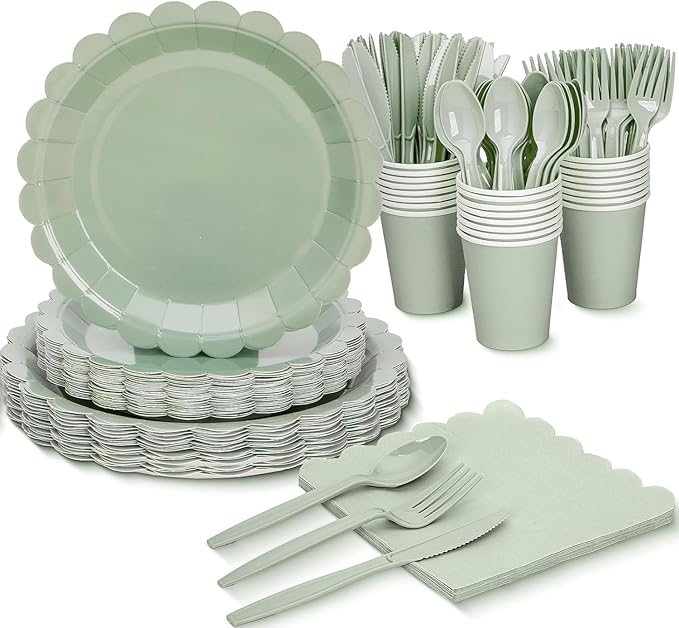 168 Pcs Sage Green Paper Plates and Napkins, Sage Green Party Supplies Include Scalloped Plate Napkins Cups Forks Knives Disposable Plastic Cutlery for Wedding, Baby Shower Birthday Party