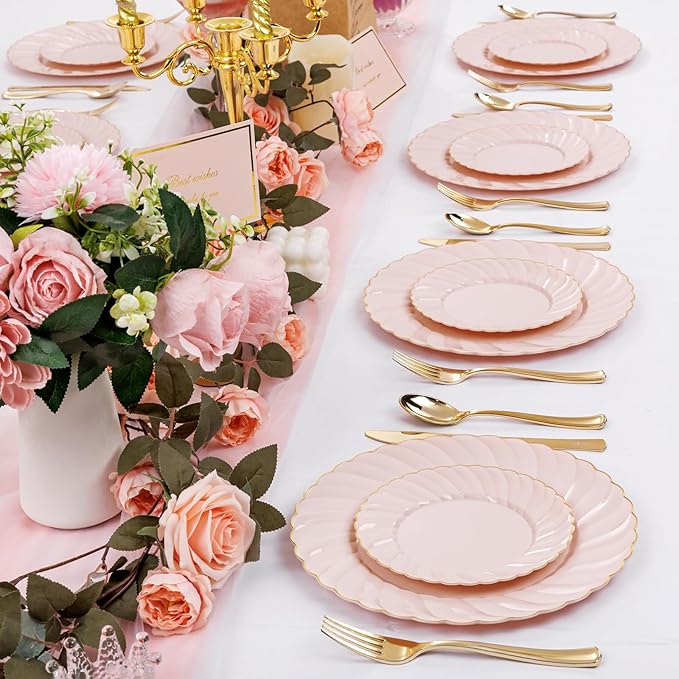 YOUBET 125Pcs Pink Plastic Plates with Gold Rim - Scalloped Plastic Plates Set Includes 25 Dinner, 25 Dessert Plate, 75 Gold Silverware for 25 Guests for Wedding Birthday Baby Shower