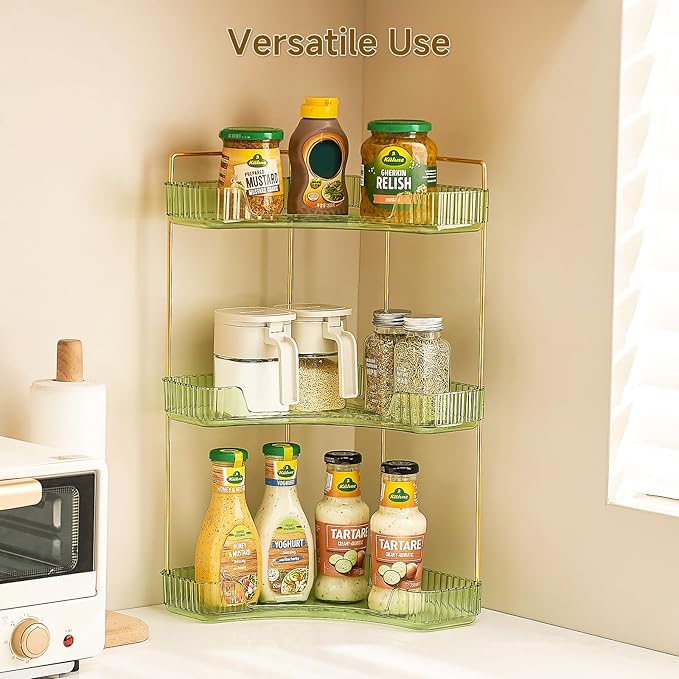 Ceruaxb 3-Tier Corner Bathroom Counter Organizer, Plastic Countertop Makeup Organizer, Large Capacity Vanity Bathroom Perfume Shelf Rack for Kitchen Office Desktop (Amber)