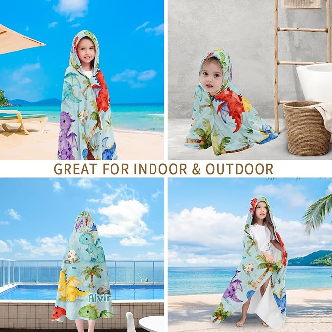 Cute Dinosaur Personalized Hooded Towel Absorbent Wrap Soft Pool Beach Bath Towels Hood Poncho for 5-12 Years Kids Boys Girls