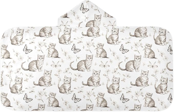 Kid Beach Towel Sweet American Shorthair Cats White Hooded Beach Bath Towel Absorbent Beach Towel with Hood