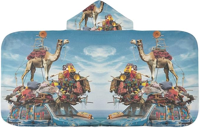 Hooded Towel for Kids Camel on Old Blue Car Beach Wrap Bath Towels 50x23.5in