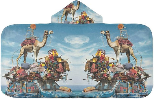 Hooded Towel for Kids Camel on Old Blue Car Beach Wrap Bath Towels 50x23.5in