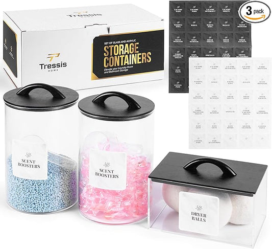 Laundry Pod Storage Container Set | Two 3L Glass Jars & One Acrylic Dryer Sheet Container with Bamboo Lids – Includes 2 Scoops, 60 Waterproof Laundry Labels – Dishwasher Safe