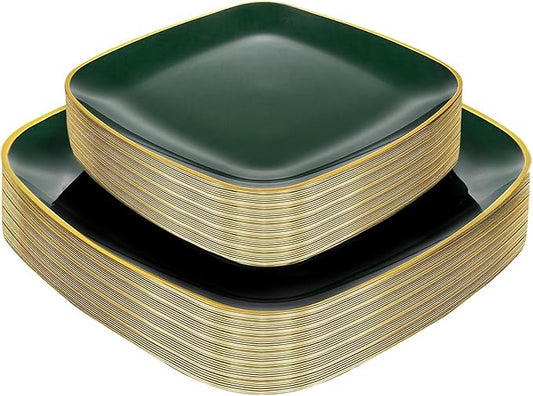 bUCLA 50PCS Green and Gold Plastic Plates - Green Gold Square Plastic Disposable Include 25 Each (Dinner & Dessert) Plates, Ideal for Party & Christmas