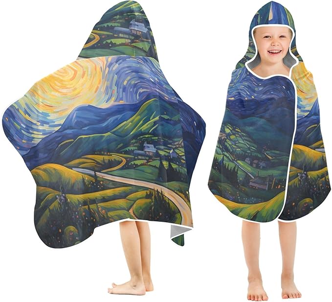 Hooded Towel for Kids Starry Night of Village Fields Beach Wrap Bath Towels 50x23.5in
