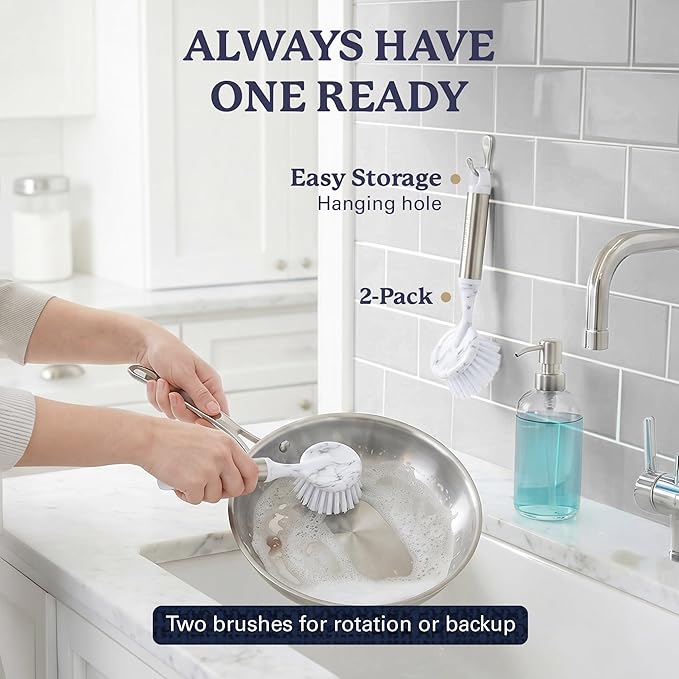 Farberware Dish Brush with Handle – 2 Pack Kitchen Scrub Brush for Dishes, Non-Scratch Dishwashing Brush Set with Firm Bristles for Pots, Pans, & Sink, Long Handles for Everyday Cleaning