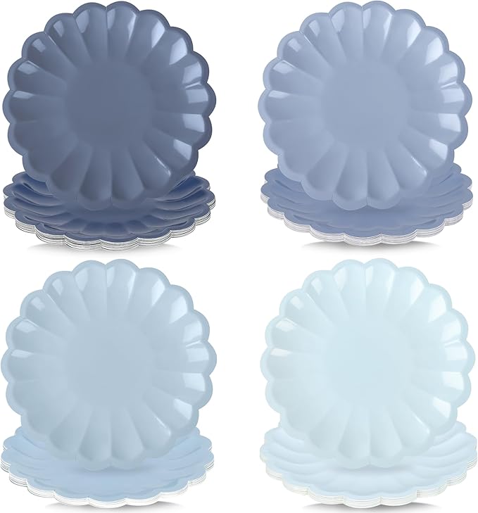 AimFun 48 Pcs Dusty Blue Paper Plates 7.5 Inch Scalloped Disposable Plates Gradient Blue Dessert Plates for Birthday Wedding Baby Shower Bridal Bachelorette Party Supplies Table Decor