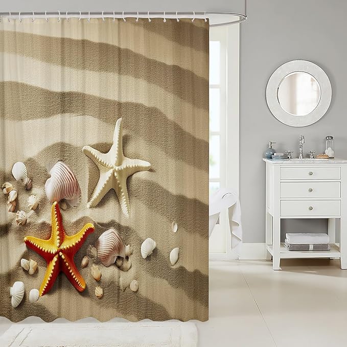 Feelyou Starfish Beach Shower Curtain for Kids Boys Girls Coastal Beach Ocean Shell Print Bathroom Shower Curtain Set Beach Theme Bath Curtain Decor Light Brown Kids Bathroom Accessories 72"x78"