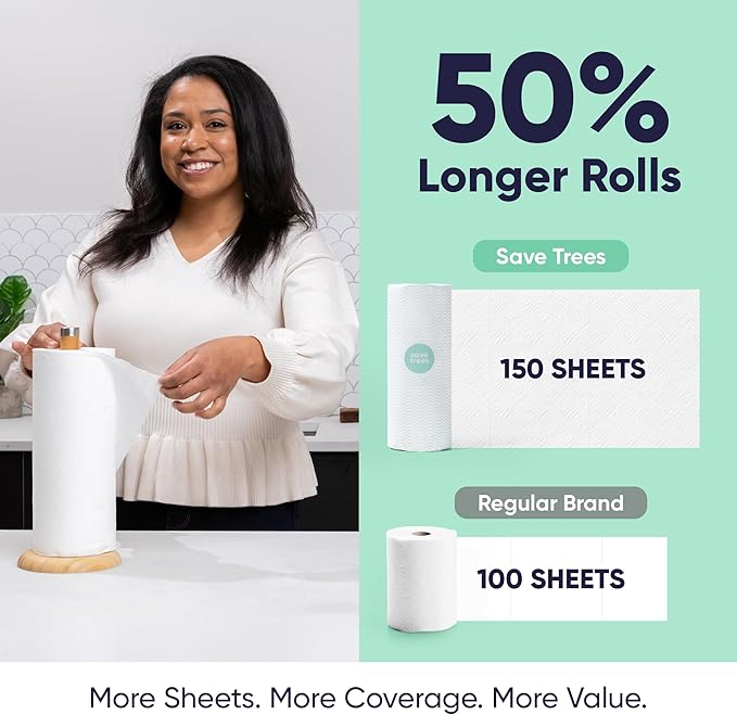 Save Trees Bamboo Paper Towels 6pk - 750 Sheets Paper Towels Rolls Ultra Absorbent & Durable Eco-Friendly - FSC-Certified, totally Plastic-Free, and Vegan