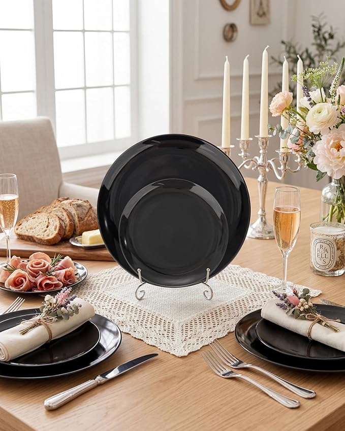 PULOTE 100PCS Black Plastic Plates Disposable - Premium Heavy Duty 50 Black Dinner, 50 Dessert/Salad Plates - Ideal for Party, Halloween
