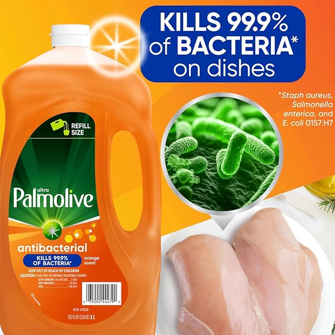 Ultra Palmolive Antibacterial Dishwashing Liquid Dish Soap Orange Scent, Refill 102 Fl. Oz. Kills 99.9% of Bacteria, bundled with Heavy Duty Scotch Brite Sponge