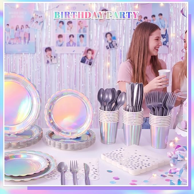175 Pcs Iridescent Party Decorations Include 25 guest Scalloped Holographic Sliver Paper Plates and Napkins Set for Birthday, Bachelorette, Mermaid, Disco, Frozen