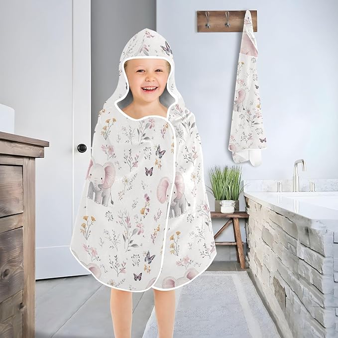 Kids Hooded Beach Towel Cartoon Cute Eelephant and Flowers Hooded Beach Bath Towel Quick Dry Toddler Bath Towels