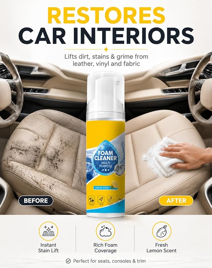 Foam Cleaner All Purpose, 4-in-1 Multi-Enzyme No-Rinse Deep Cleaning Spray for Car Interior, Kitchen Grease, Bathroom Tiles, Sofa Upholstery, Multi-Surface Home & Auto Cleaner (1)