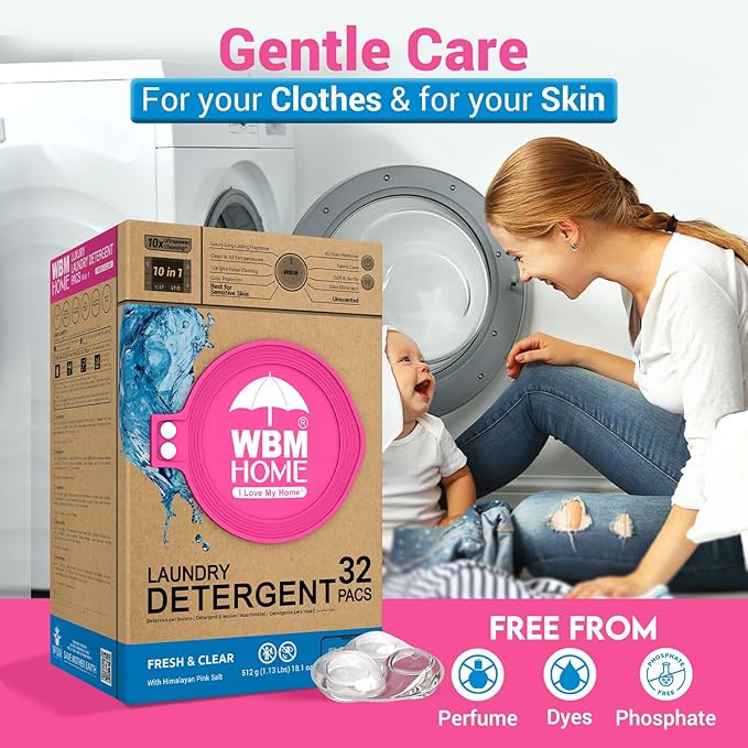 WBM Home Laundry Detergent Pods, 32 Count | Fresh & Clear Unscented | Laundry Pods 10x Ultrapower Cleaning With Color Protection and Eco-Friendly Packaging