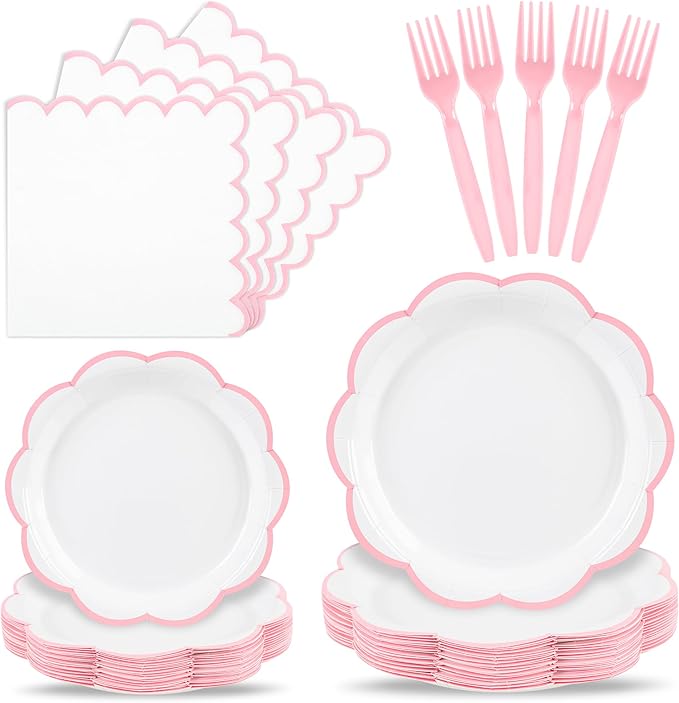 96 Pcs Pink and White Paper Plates and Napkins Set, Tableware set for 24 Guest include White Dessert Plates with Pink Scalloped Edge, Napkins and Forks for Baby Girl Shower, Bridal Shower, Wedding