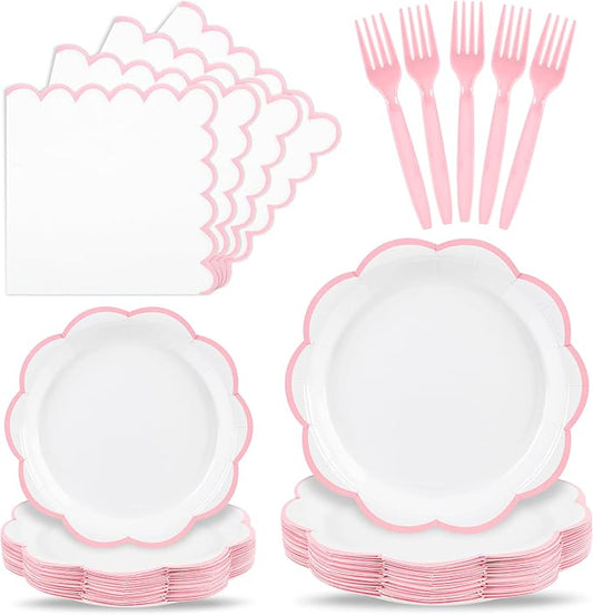 96 Pcs Pink and White Paper Plates and Napkins Set, Tableware set for 24 Guest include White Dessert Plates with Pink Scalloped Edge, Napkins and Forks for Baby Girl Shower, Bridal Shower, Wedding