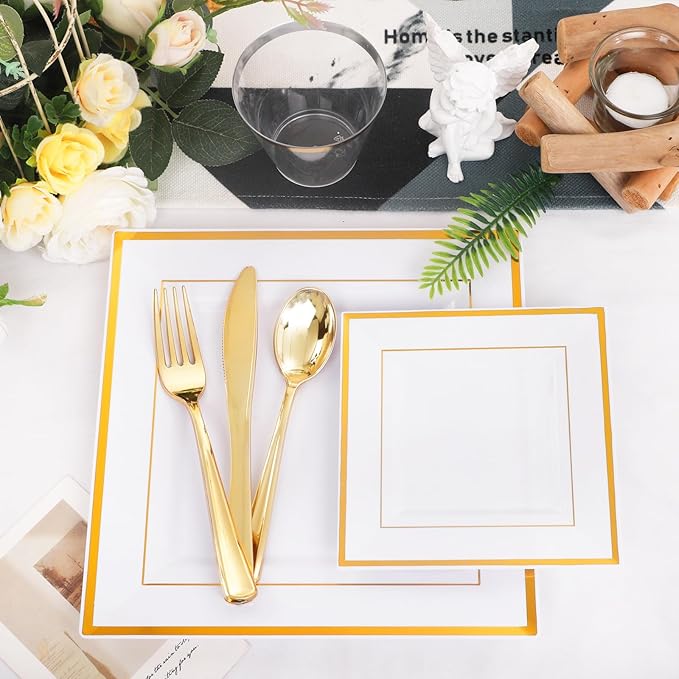 Festiva 350Pcs Gold Plastic Plates - Disposable Square Gold Plates Dinnerware set include 9.5"/6" Plates,Cups,Plastic Cutlery,Hand Napkins Perfect for 50 guests Party&Birthday&Wedding