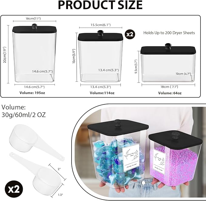 COAZEX 4 Pack Clear Laundry Pods Container & Dryer Sheet Holder, Plastic Square Laundry Room Organization and Storage Jars with Lids, Scoops & Labels for Detergent, Powder, Dryer Balls (Black Lid)