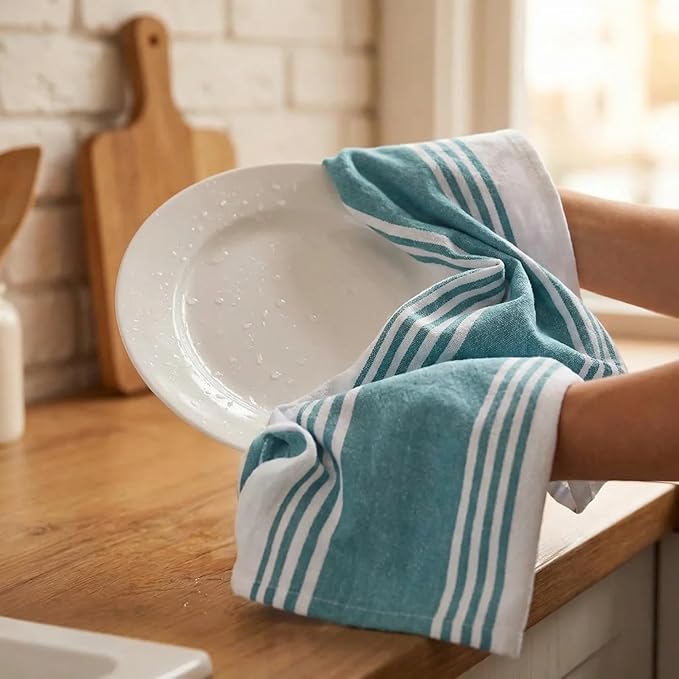 Urban Villa Kitchen Towels 100% Cotton Dish Towels for Kitchen (Set of 6) 20”x30” Dish Cloths Highly Absorbent Kitchen Linen Set with Hanging Loop Perfect for Drying Dishes Cleaning Towels-Aqua White