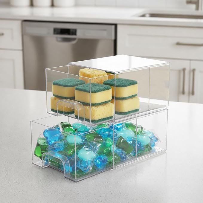 2 Pack Laundry Pods Container, Stackable Laundry Room Organization Storage Drawers, Dryer Sheet Container, Detergent Holder with Pull Handle, Bathroom Organization, Clear