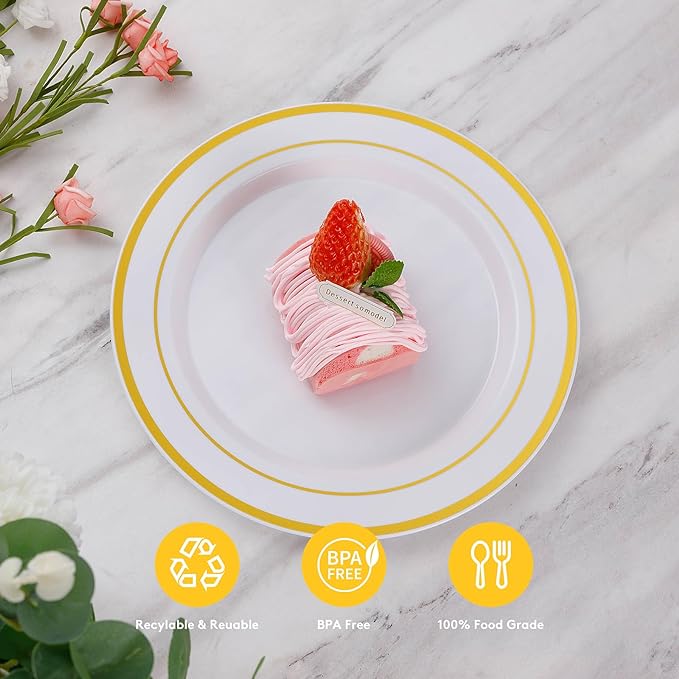 Goodluck 120PCS Gold Plastic Plates, Heavy Duty Disposable Gold Plates with 60 10.25 inch Dinner Plates and 60 7.5 inch Dessert Plates, Disposable Plates for Party, Holiday, Wedding