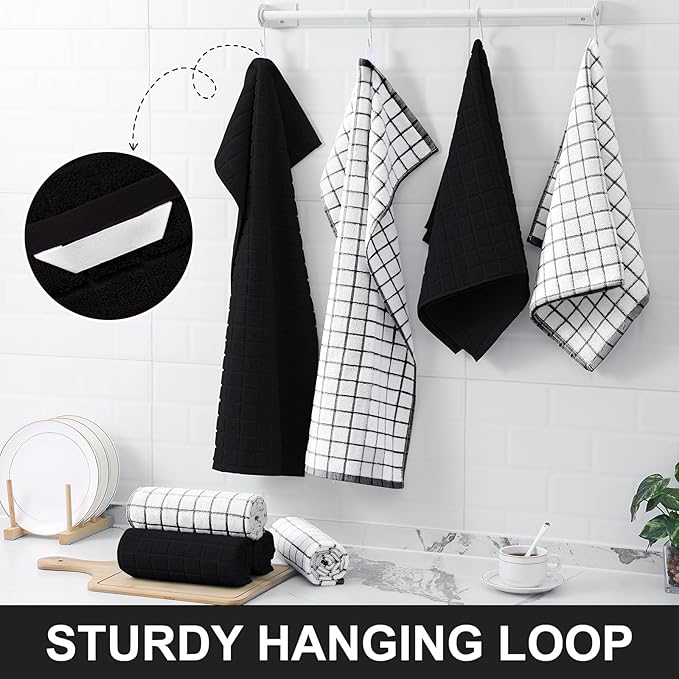 Homaxy Premium Cotton Kitchen Towels 16"x 28", Large Natural Ring Spun 390 GSM Dish Towels, Super Absorbent Terry Kitchen Hand Towels, Soft Tea Towels with Hanging Loop, Black Check Design, 4 Pack