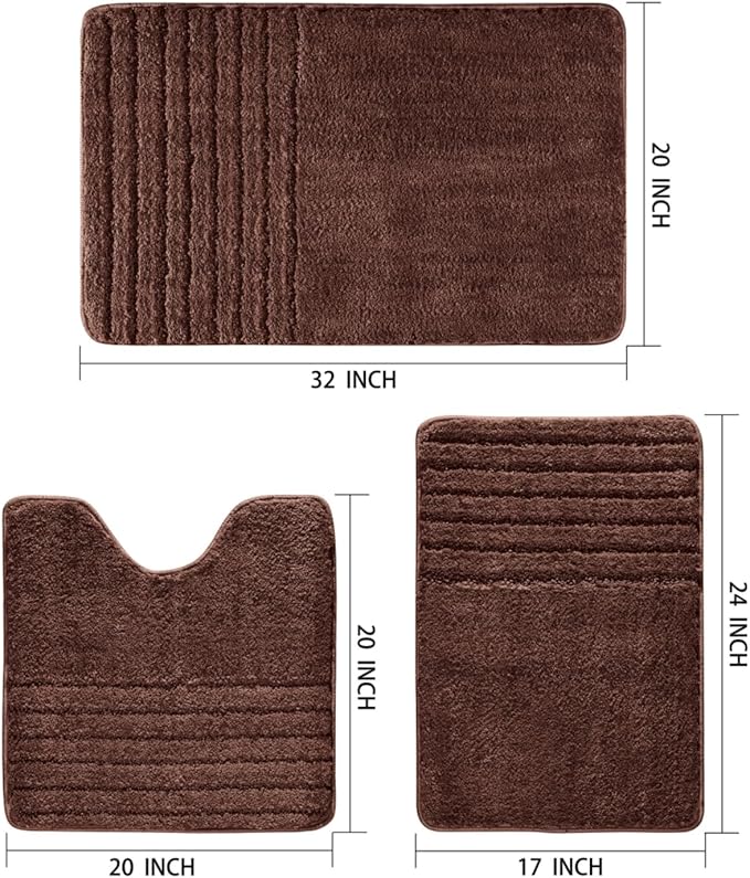 Bath Rugs Set 3 Pieces Bathroom Mat Soft Absorbent Plush Shaggy Soft Floor Non Slip Shower Bath Tub Machine Washable (Cocoa-Strip, 20"x32"/20"x20"/17"x24")