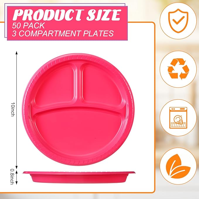 Teenyyou 50 Pcs 10 Inch Plastic 3 Compartment Divided Plates Heavy Disposable Round Dinner Plates with Dividers for Wedding Birthday Party Dinnerware (Neon Color)