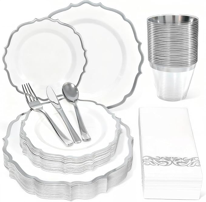 175 Plastic Dinnerware Set Silver Disposable Dinnerware Set for 25 Guests Include 50 Plastic Plates,25 Silverware Set 25 Cups and 25 Napkins for Party Wedding Thanksgiving