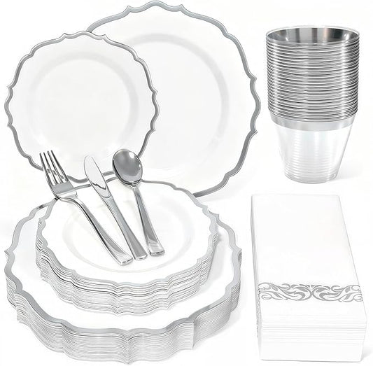 175 Plastic Dinnerware Set Silver Disposable Dinnerware Set for 25 Guests Include 50 Plastic Plates,25 Silverware Set 25 Cups and 25 Napkins for Party Wedding Thanksgiving