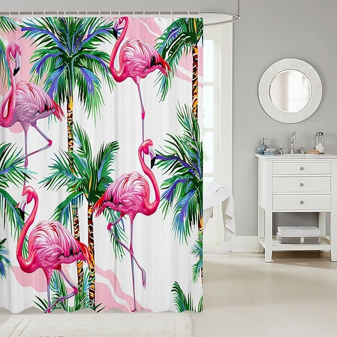 Palm Tree Shower Curtain Pink Flamingos Bathroom Shower Curtain Set for Stalls Bathtubs Tropical Exotic Birds Palm Trees Bath Curtain Nature Theme Waterproof Bathroom Curtains Room Decor 72x78 Inch