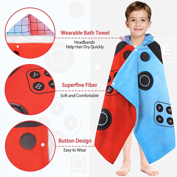 Hooded Towels for Kids - Superfine Fiber Video Game Gamepad Toddler Hood Bath Towels Beach Hooded Poncho Absorbent Pool Toddler Swim Bath Wrap for Boys & Girls 3-10 Years, 60 * 35 inches