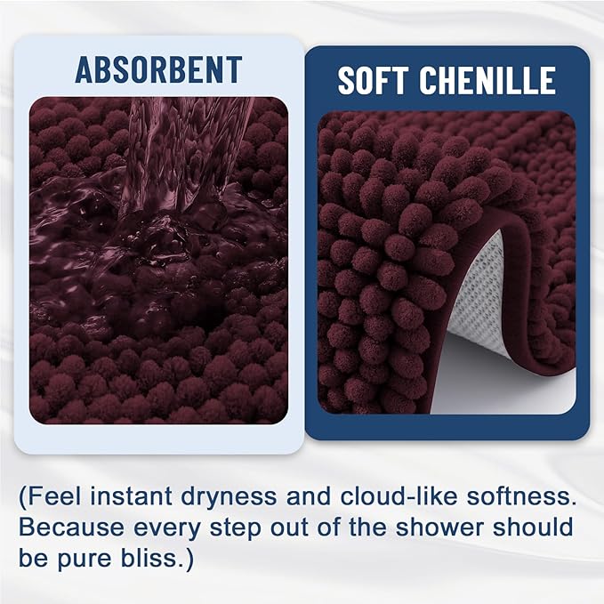 Grandaily Chenille Striped Bathroom Rugs 44x24, Extra Thick and Soft Absorbent Bath Mats, Rubber Backing, Plush Shaggy Shower Carpet, Machine Wash Dry, Bath Rug for Bathroom, Black Cherry