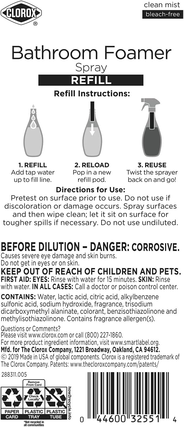 Clorox Bathroom Foamer Refill Cartridge Bathroom Foamer Reusable Spray Bottle, Household Essentials, Two Refill Cartridges, 0.66 Ounces (Package May Vary)