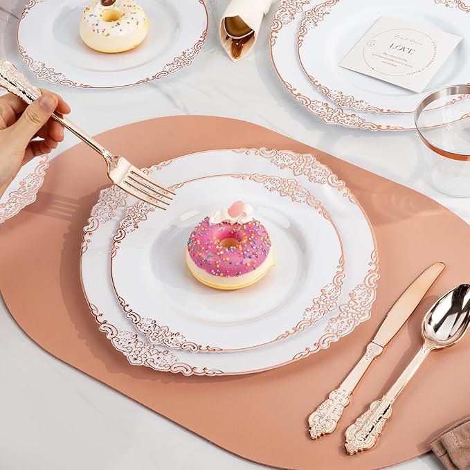 Bestluck 350PCS Rose Gold Plastic Plates for 50 Guests, Disposable Dinnerware Sets Include 100 Rose Gold Rim Plastic Plates, 50 Silverware and Cups, 50 Pre Rolled Napkins for Party, and Graduation