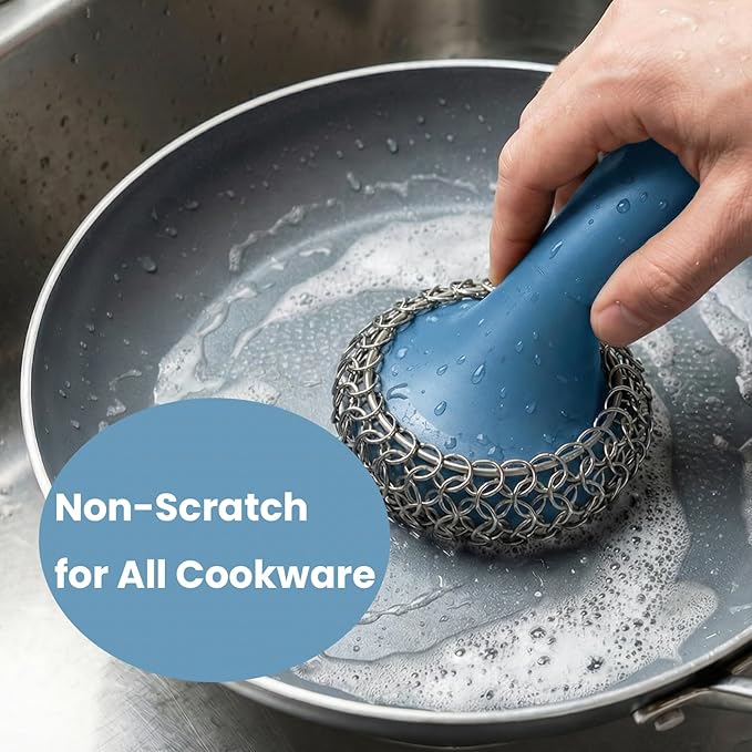 Cast Iron Scrubber with Long Handle | 316 Cast Iron Cleaner Chainmail Scrubber for Pan Skillet Cleaner - Dish Scouring Pad Dishwasher Safe Cleaning Kit (Blue, 1 Scrubber + 1 Scraper)
