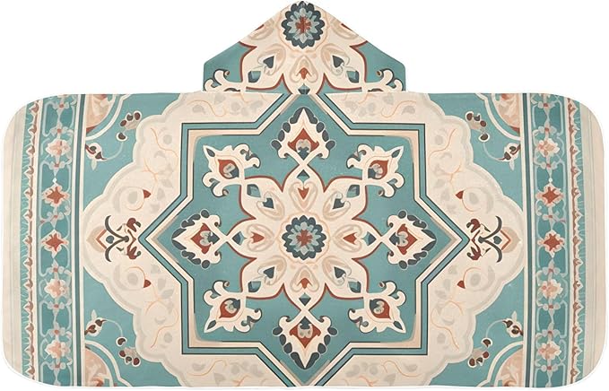 Hooded Towel for Kids Retro Blue Ethnic Floral Beach Wrap Bath Towels 50x23.5in