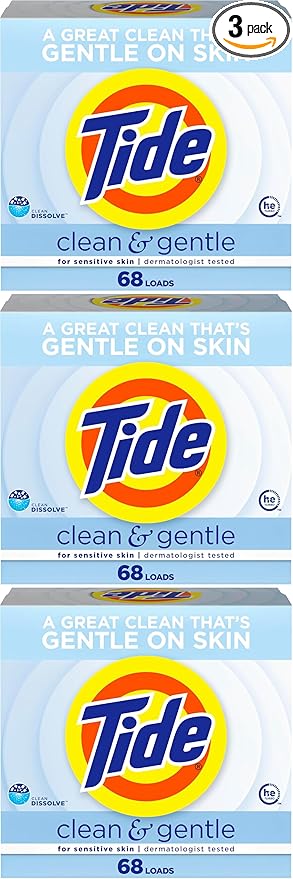 Tide Clean and Gentle Powder Laundry Detergent, Unscented, 68 Loads, 77 oz (Pack of 3)