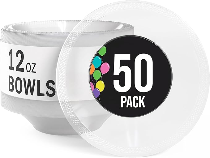 Party Solids 12 Oz Clear Plastic Bowls Disposable Bowls for Hot Food Soup 50 Pcs - For Soup, Salad, Cereal, Desserts & Party Supplies