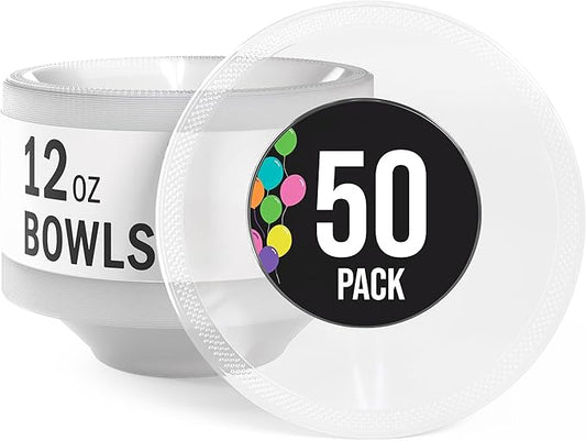 Party Solids 12 Oz Clear Plastic Bowls Disposable Bowls for Hot Food Soup 50 Pcs - For Soup, Salad, Cereal, Desserts & Party Supplies
