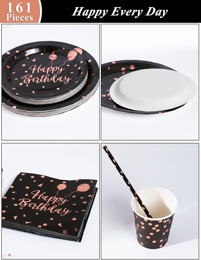 Nkaiso Birthday Party Tableware, 161 Pieces Black and Rosegold Party Supplies, Party Dinnerware Sets Include Paper Plates Napkins Cups Silverware, for Shower Engagement Parties Decoration -20 Serves