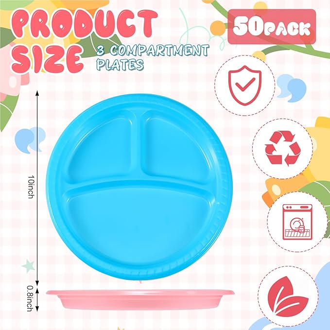 Teenyyou 50 Pcs 10 Inch Plastic 3 Compartment Divided Plates Heavy Disposable Round Dinner Plates with Dividers for Wedding Birthday Party Dinnerware (Pink, Blue)