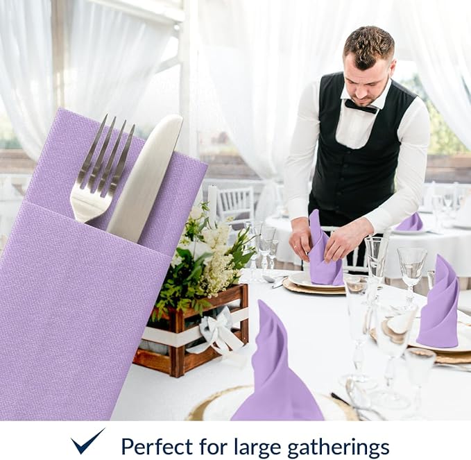 PAW - Linen Feel Napkins with Built-in Flatware Pocket, Airlaid Paper Pre-Folded Napkins for Silverware, Wedding Party, Dinner, Birthday, Gatherings, Monocolor Violet, 50 Count