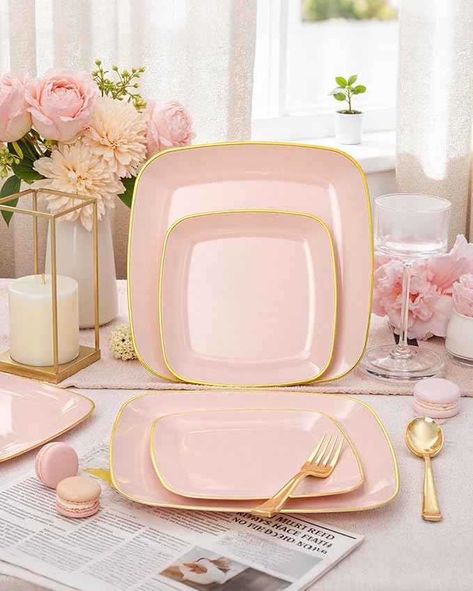 bUCLA 100PCS Pink Plastic Plates - Heavy Duty Square Pink and Gold Disposable - Include 50 Dinner 10 inch & 50 Dessert 7.25 inch Plates for Party & Weeding