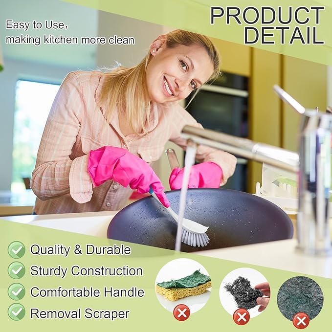Didaey Dish Brush with Handle Kitchen Scrub Brush Pot and Pan Cleaning Dish Scrubber with Stiff Bristle for Cookware Sink Washing Household, 4 Colors, 11.02 x 3.15 x 0.98 Inch(4 Pcs)